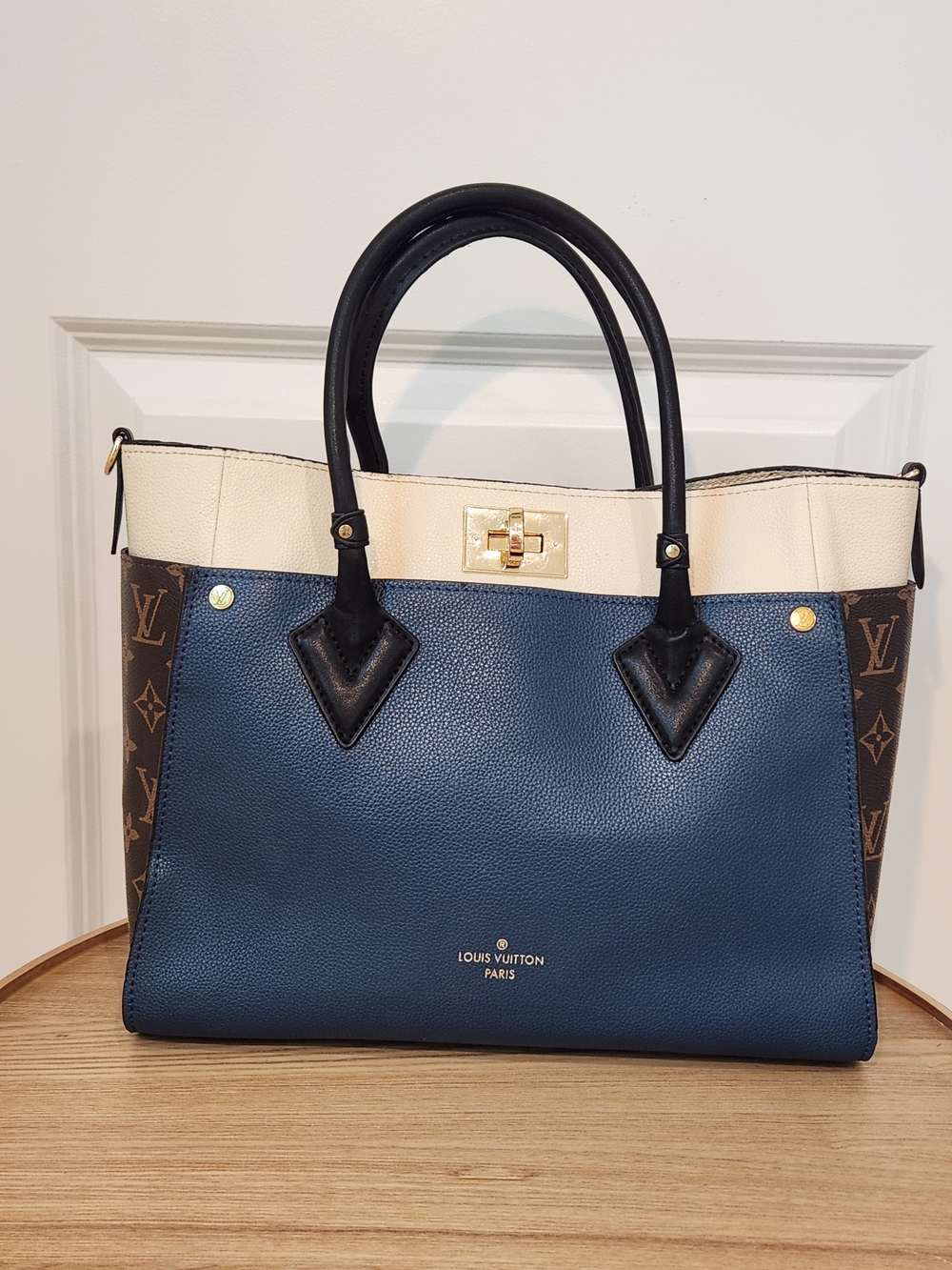 Louis Vuitton On My Side Tote Blue, Cream & Brown Leather